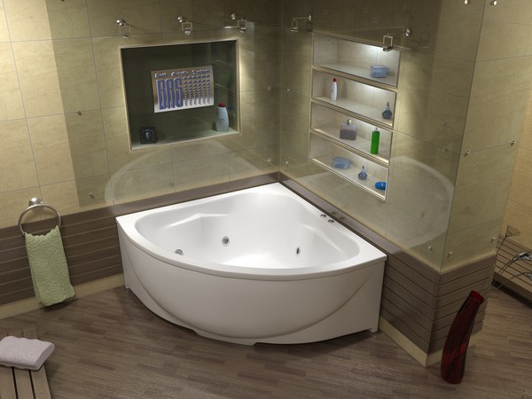 Габарити ванни підбираються в залежності від уподобань користувачів і їх коплекціі   Кутова акрилова ванна в інтер'єрі