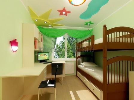 Розбавити якусь строгість дитячої кімнати можна за допомогою яскравих стельових вкраплень (малюнків або натяжних інсталяцій)